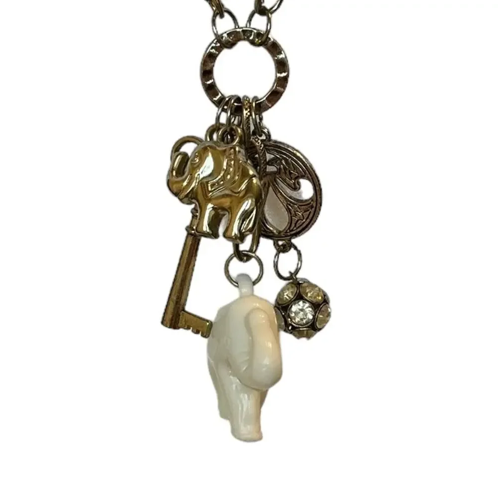 Elephant Key Fleur de Lis Rhinestone Gold Tone Alloy Statement Necklace